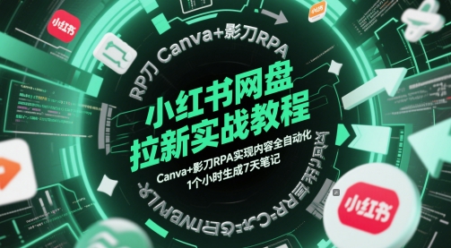 小红书网盘拉新实战教程，Canva+影刀RPA实现内容全自动化，1个小时生成7天笔记网赚项目-副业赚钱-互联网创业-资源整合猫猫网创库