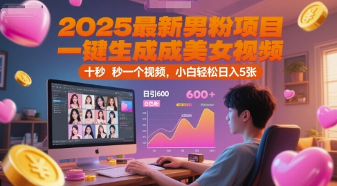 2025最新男粉项目，一键生成美女视频，日引600+色粉 十秒一个视频，小白轻松日入5张【揭秘】网赚项目-副业赚钱-互联网创业-资源整合猫猫网创库