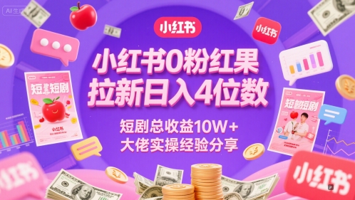 小红书0粉红果短剧拉新日入4位，数短剧总收益10W+大佬实操经验分享网赚项目-副业赚钱-互联网创业-资源整合猫猫网创库