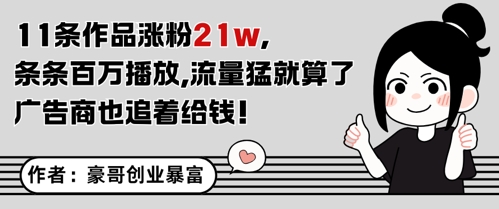 11条作品涨粉21W，条条百W播放，流量猛就算了，广告商也追着给钱网赚项目-副业赚钱-互联网创业-资源整合猫猫网创库