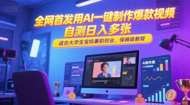 全网首发用AI一键制作爆款视频，自测日入多张，适合大学生宝妈兼职创业，保姆级教程网赚项目-副业赚钱-互联网创业-资源整合猫猫网创库