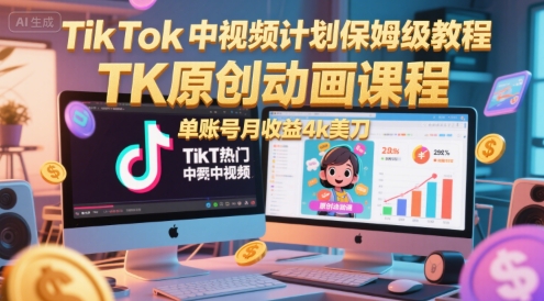 TikTok中视频计划保姆级教程，TK原创动画课程，单账号月收益4k美刀网赚项目-副业赚钱-互联网创业-资源整合猫猫网创库