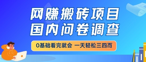网创搬砖项目，国内问卷调查，小白轻松上手，一天三四张的也不难，干就完了【揭秘】网赚项目-副业赚钱-互联网创业-资源整合猫猫网创库
