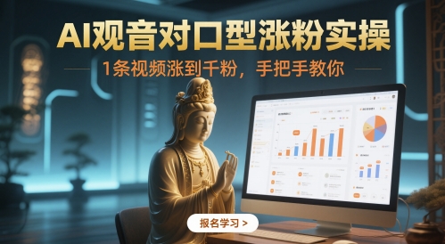 AI观音对口型涨粉实操，1条视频涨到千粉，手把手教你网赚项目-副业赚钱-互联网创业-资源整合猫猫网创库