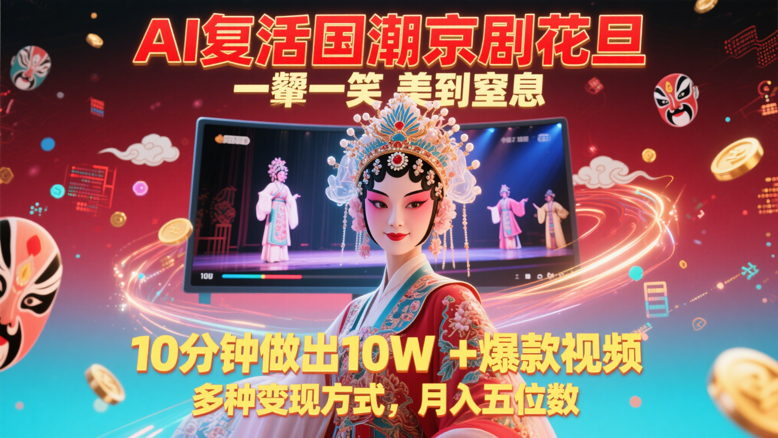 AI复活国潮京剧花旦，一颦一笑美到窒息，10分钟做出10W+爆款视频，多种变现方式网赚项目-副业赚钱-互联网创业-资源整合猫猫网创库