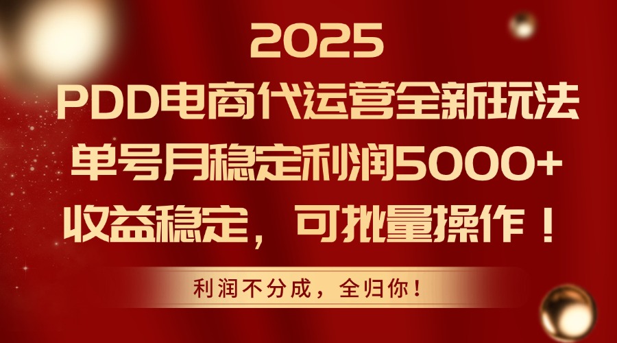 2025PDD电商代运营全新玩法，单号月稳定利润5000+，收益稳定，可批量操作网赚项目-副业赚钱-互联网创业-资源整合猫猫网创库
