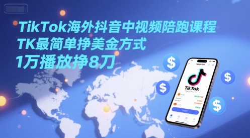 TikTok海外抖音中视频陪跑课程，TK最简单挣美金方式，1万播放挣8刀网赚项目-副业赚钱-互联网创业-资源整合猫猫网创库