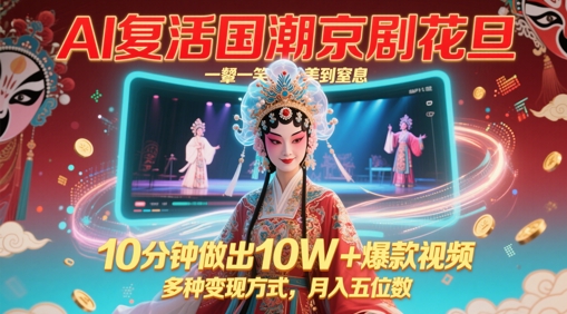 AI复活国潮京剧花旦，一颦一笑美到窒息，10分钟做出10W+爆款视频，多种变现方式，月入五位数网赚项目-副业赚钱-互联网创业-资源整合猫猫网创库