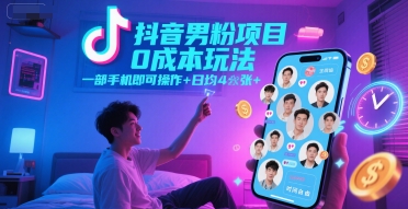 抖音男粉项目0成本玩法，一部手机即可操作，日均4张+，时间自由网赚项目-副业赚钱-互联网创业-资源整合猫猫网创库