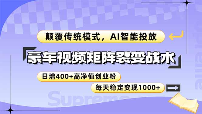 豪车视频矩阵裂变战术，颠覆传统模式，AI智能投放，日增400+高净值创业…网赚项目-副业赚钱-互联网创业-资源整合猫猫网创库