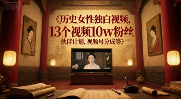 历史女性独白视频，13个视频10w粉丝，伙伴计划，视频号分成等网赚项目-副业赚钱-互联网创业-资源整合猫猫网创库
