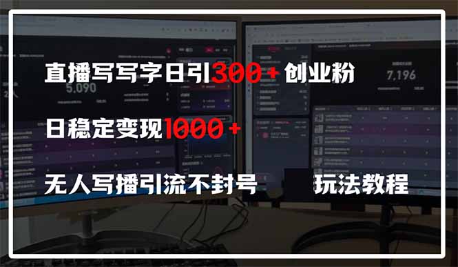 直播写写字日引300+创业粉，日稳定变现600+无人写播引流不封号，玩法教程网赚项目-副业赚钱-互联网创业-资源整合猫猫网创库