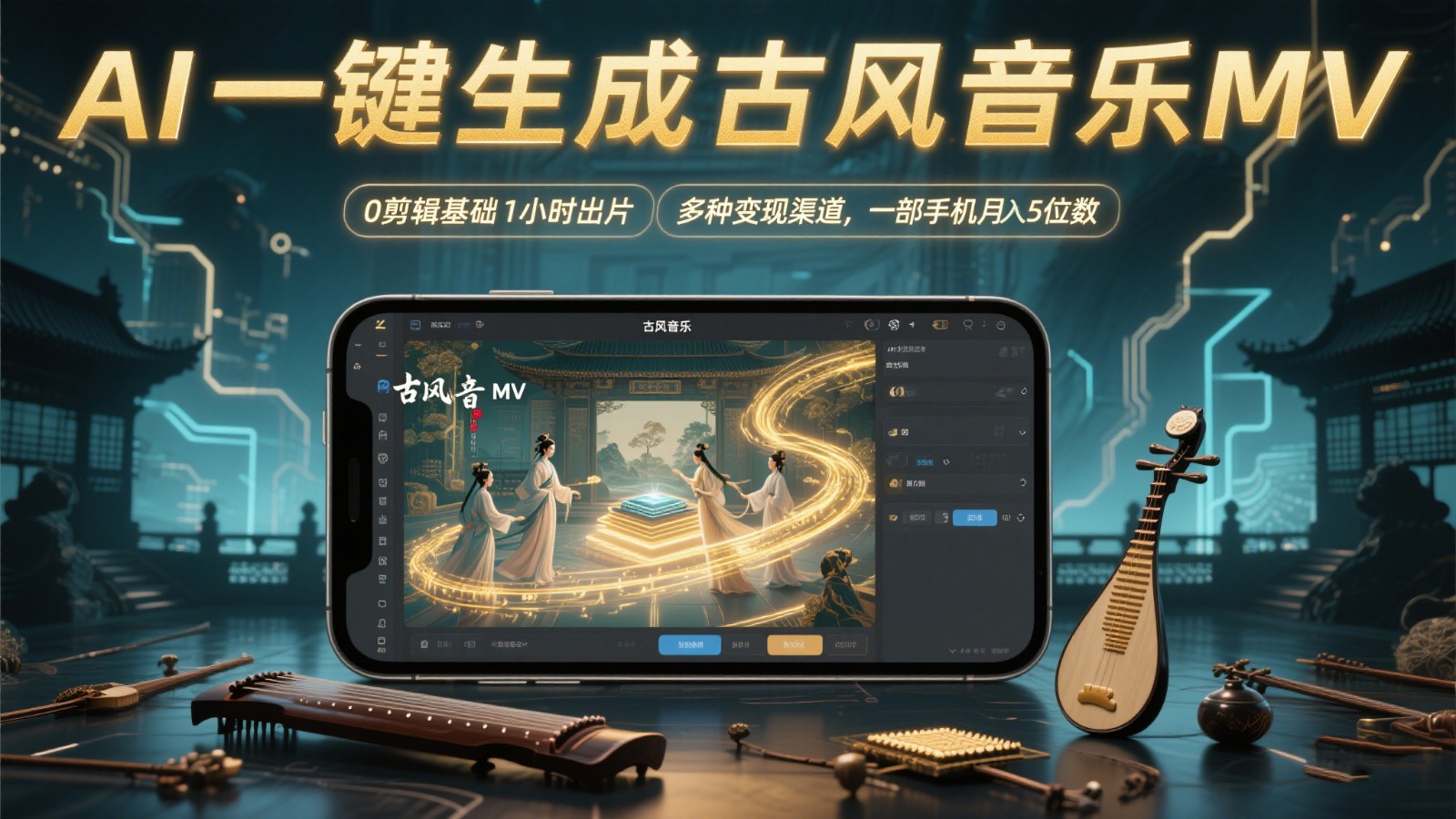 AI一键生成古风音乐MV，0剪辑基础1小时出片，多种变现渠道，一部手机月入5位数网赚项目-副业赚钱-互联网创业-资源整合猫猫网创库