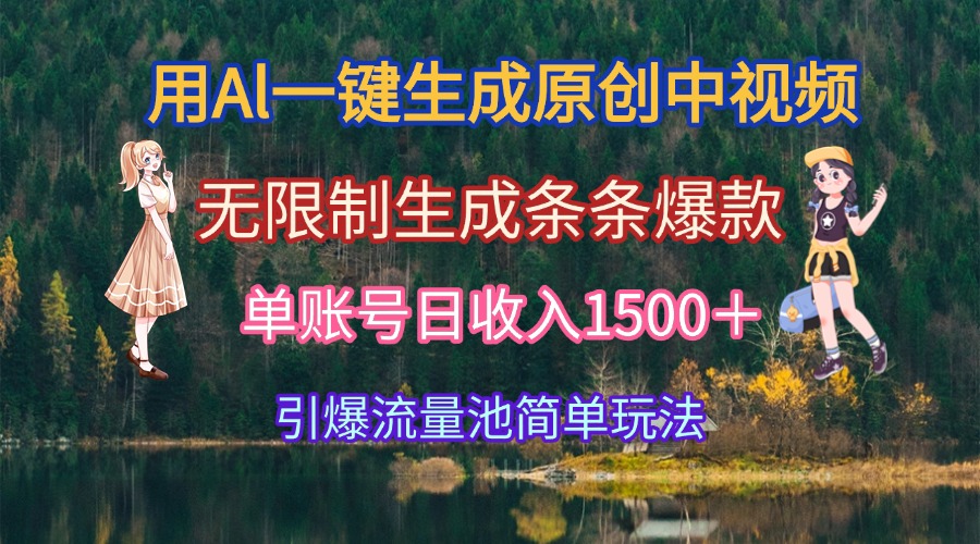 用Al一键生成原创中视频，无限制生成条条爆款，单账号日收入1500＋引爆…网赚项目-副业赚钱-互联网创业-资源整合猫猫网创库