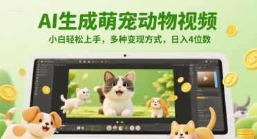 AI生成萌宠动物视频，小白轻松上手，多种变现方式，日入4位数网赚项目-副业赚钱-互联网创业-资源整合猫猫网创库