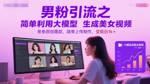 男粉引流之简单利用大模型生成美女视频，条条原创爆款，简单上传制作，变现日1k+网赚项目-副业赚钱-互联网创业-资源整合猫猫网创库