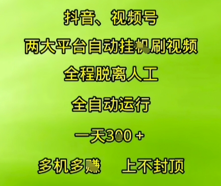 抖音视频号两大平台自动运行，全程脱离人工，自动获取收益，一天3张+，多机多挣，上不封顶【揭秘】网赚项目-副业赚钱-互联网创业-资源整合猫猫网创库