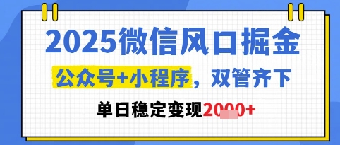 2025微信风口掘金，公众号+小程序双管齐下，单日稳定变现1k+【揭秘】网赚项目-副业赚钱-互联网创业-资源整合猫猫网创库