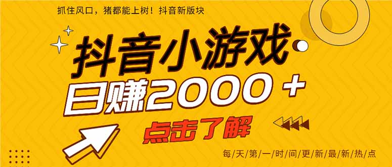 抖音小游戏，最新风口项目，亲测单游戏2000+感兴趣点击了解。网赚项目-副业赚钱-互联网创业-资源整合猫猫网创库