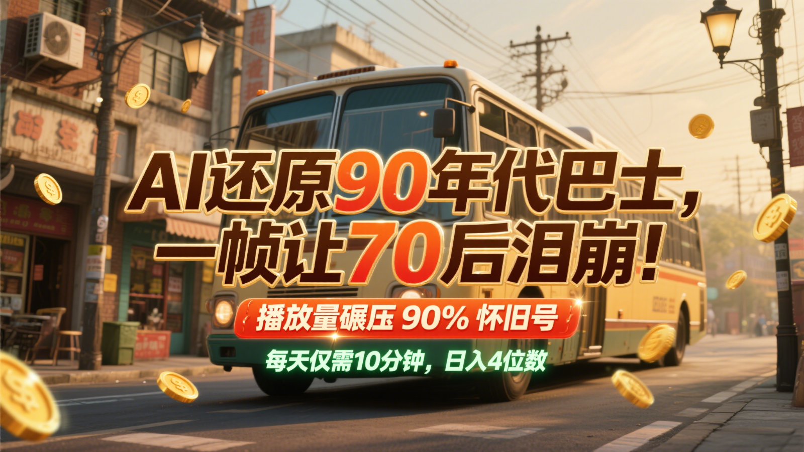 AI还原90年代巴士，一帧让70后泪崩！播放量碾压90%怀旧号，每天10分钟，日入4位数网赚项目-副业赚钱-互联网创业-资源整合猫猫网创库