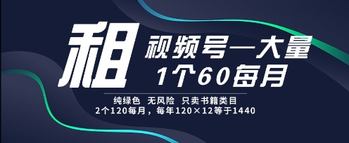 租视频号，一个60每月，2个120.纯绿色、无风险，常年租【揭秘】网赚项目-副业赚钱-互联网创业-资源整合猫猫网创库